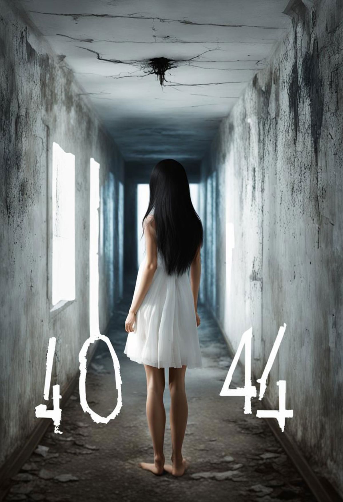 A woman standing in a dark hallway with the number 404 on the wall.
