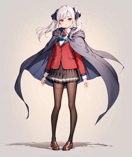 Cierra, pantyhose, skirt, black_thighhighs, pleated skirt, red eyes, brown footwear, jacket, twintails, bangs, black skirt, long sleeves, red jacket, shoes, loafers, :d, shirt, ribbon, white shirt, hair ribbon, cape, brooch, jewelry, long hair, collared shirt, school uniform, ascot, cloak, miniskirt, blazer,