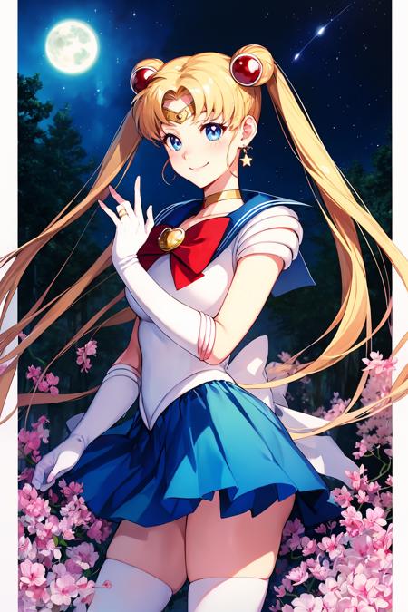 Tsukino Usagi, (sailor moon, blonde hair, twintails, circlet, jewelry, crescent earrings)