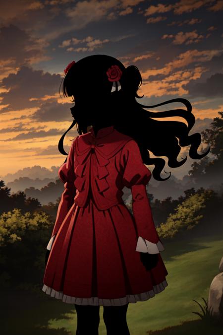 1girl, (masterpiece:1.3), high quality, high detailed, (solo), frilled dress, hair ribbon, (black skin:1.3), hair flower, black hair, long hair, red dress, kate, red sleeves, <lora:kate-08:0.9>, outdoors, (black face:1.2), (cloudy sky:1.3) <lora:23-3-14-jianying1.1:0.5>