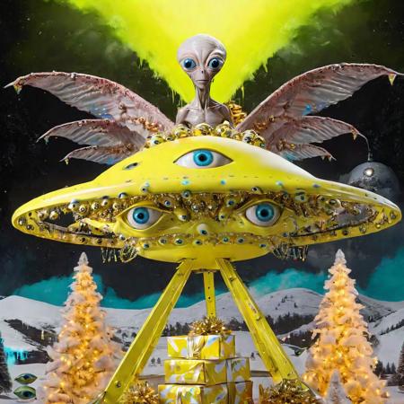 seraphins, mystical creature with hundreds of eyes and wings, roswell alien with yellow christmas hat, delivering presents with santa riding a ufo sleigh, intricate complexity, surreal horror, inverted neon yellow drip paint, photoreal