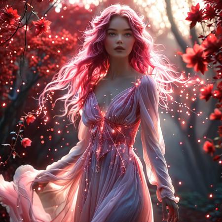 A radiant woman glowing with a soft pink mystic luminance, standing amidst a fantasy red wonderland. Her entire being pulses with gentle magical energy—her skin casting a warm rose-colored glow, her eyes shimmering like distant stars. Her flowing hair catches the light like spun silk, tinted with blush and glowing strands. She wears a dress that sparkles with enchanted threads, gently drifting as if in slow motion. Surrounding her is a surreal landscape of deep crimson foliage, glowing red blossoms, and floating ember-like particles. The air is thick with magic, casting soft shadows and reflections in the warm haze. She stands as a luminous figure of grace and wonder, as if summoned from the heart of a dream—mysterious, powerful, and impossibly beautiful, Masterpiece level quality, soft lighting, bright lighting, sharp focus, fine details, high quality, precise, high resolution, 4k, 8k,