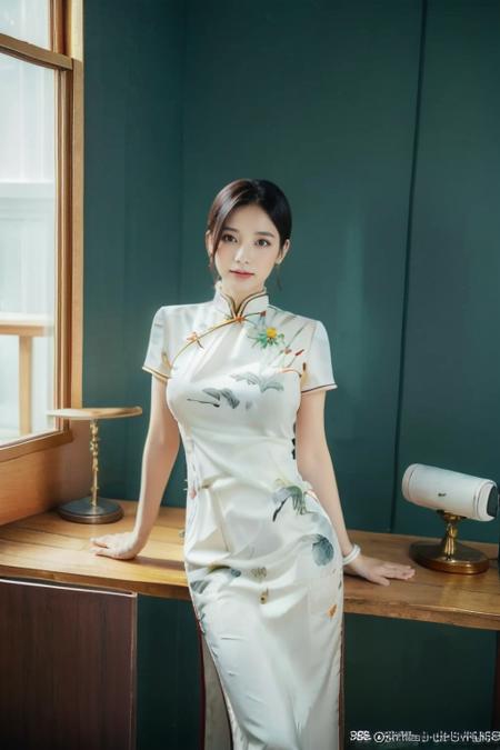 (global illumination, reality,ray tracing, HDR, unreal rendering, reasonable design, high detail, masterpiece,best quality, ultra high definition, movie lighting),
1 girl,qipao01,outdoor,looking_at_viewer,hair bun,side_blunt_bangs,china_dress,chinese_style,light green qipao,big breasts,pose,solo,1girl,black hair,black eyes, (lakeside background: 1.3),   <lora:QpShuimo:0.7>