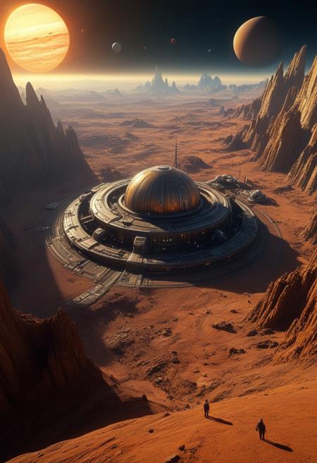 beautiful  landscape, 64k, UHD, ((masterpiece, ultimate quality)), sharp focus, beautiful scenery, highres, highly detailed, photo, realistic, photorealistic, best_of George Lucas art style (a deserted planet (on the bottom right (dome like houses))(on the top left (one giant planets))) cinematic, artistic, highly intricate details, masterpiece, best quality, 8k, UHD