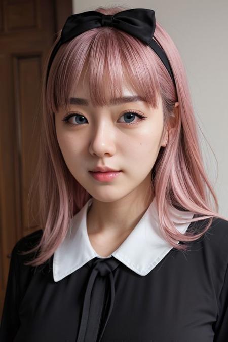 masterpiece, best quality, hdr, volumetric lighting,
chika1, fujiwara chika, blunt bangs, black bow, neck ribbon, large breasts, school uniform, black dress, red ribbon, long sleeves, collared dress, pink hair,
1girl, solo,
upclose, detailed face, beautiful face, pretty girl