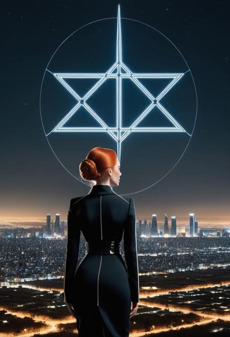 In center of the picture a woman holding up black circle in bold lines intersected by a thick lines, Gnostic symbol, symmetrical,
In the background: ((An enormous city sprawl with a city skyline reaching for the stars,
Aleph Tower, centre for the AI that rules the Human civilization, in a glittering city of glass and shining metal,
   bright sunlight under a pitch black sky.
twice five miles of urban sprawl,
in the front a mysterious woman, slick suit, long sleeves, reminiscent of old pin up models,( full body portrait:1.5), petite body, secretive face, long ginger hair, flowing curls, pale skin, blushing, Freckles, red lipstick, slight smile, red shawl, proud)),  
Photographer Reuben Wu Style
