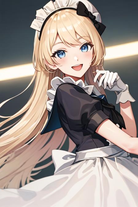 best quality, masterpiece, highres, solo, {maid:1.40}, {long maid dress:1.15}, {jervis_kantaicollection:1.15}, blonde_hair, long_hair, blue_eyes, hat, white_headwear, sailor_hat, smile, open_mouth