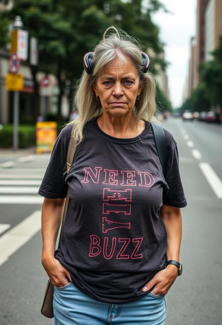 Grumpy woman on street with writing on her shirt "NEED BUZZ"