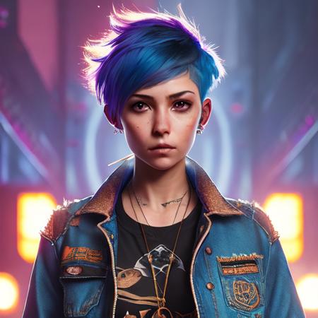 ChromaV5,nvinkpunk,(extremely detailed CG unity 8k wallpaper), ((Portrait of a teenage girl with short blue hair and brown eyes)), (wearing a denim jacket a black tank top and ripped jeans), arm tattoos and piercings, rebellious and alternative, award winning photography, Chromatic Aberration, Detailed , HDR, Bloom, style by Monet, Pissarro, and Sisley ,trending on ArtStation, trending on CGSociety, art by midjourney