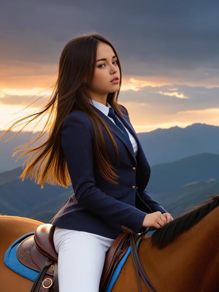 <lora:SDXL_LiMoon_v1:1> , limoon, girl, straight hair, sitting on a horse, riding, sunset, mountains, clouds, close-up, upper body, highres, masterpiece, best quality, ultra-detailed 8k wallpaper, extremely clear