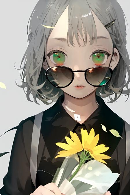 1girl, solo, looking at viewer, short hair, simple background, shirt, long sleeves, white background, holding, green eyes, grey hair, parted lips, collared shirt, hand up, petals, black shirt, sunglasses, portrait, bandaid, looking over eyewear,
 <lora:karohroka:1>