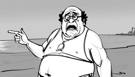 storyboard sketch of Danny DeVito  feeling Numb Pointing playing a Interpreter in bikini bottom <lora:storyboard sketch:0.8>