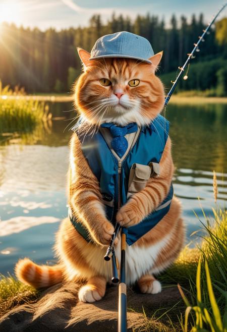 anthropomorphic Fat chubby ginger cat wearing a vest and cap, sitting on a grassy lake shore, holding a fishing rod, serene blue water reflecting the sunlight, gentle ripples in the lake, peaceful forest background, soft golden hour lighting, highly detailed, whimsical style dynamic angle, warm hues, realistic, photorealism, hd, 8k, high definition, BREAK, score_9, score_8_up, score_7_up, score_6_up