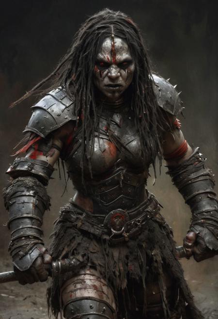 Berserker female orc Gladiator, black skin texture surface, dirt, fur, long dirt black dreadlocks, masterpiece painted in the style of Anders Zorn | Marco Mazzoni | Yuri Ivanovich, oil on canvas