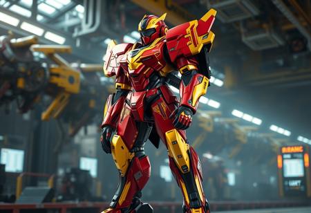 A majestic super armored mecha robot in red and yellow plating with ornate gold accents, black visor, black backpack, black gloves, black boots. Standing tall and proud, head slightly tilted, observing. Epic scale futuristic machine assembly line background. Dynamic isometric view, highly detailed, intricate, captivating cinematic lighting, Octane render, Unreal Engine 5, trending on Artstation, CGSociety, matte painting, splash ink illustration, 4k, Golden Ratio, impeccable composition.