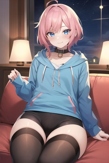 (Digital art, highres, best quality, 8K, masterpiece, anime screencap, perfect eyes:1.4, ultra detailed:1.5), 1boy, adult male, effeminate male, male focus, flat chest, short messy pink hair, blue eyes, tall, thick thighs, light blue hoodie, collar, light blue shirt, black sport shorts, bulge, black thigh highs, femboy, okoto no ko, smiling, blushing, looking at viewer, inside, livingroom, sitting on couch, nighttime, dark,