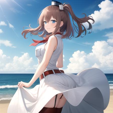 ((masterpiece)),(best quality),official art,extremely detailed CG,unity 8k wallpaper,ultra detailed,A lighthouse on a cliff by the sea,1girl,solo,cowboy shot,large_breasts,garter_straps,brown_hair,side_ponytail,red_neckerchief,wind_lift,white_dress,breast_pocket,red_thighhighs,blue_eyes,belt,hair_between_eyes,looking_at_viewer,high_heels,long_hair,sidelocks,smile,hair_ornament,sleeveless,<lora:Saratoga(kan)>,