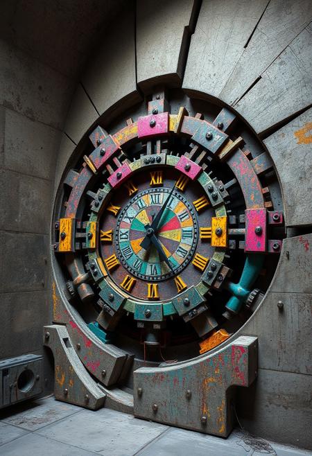 colorful, bright, vivid, fractured geometry in the bunker walls, raw, (polished:-1.3),clock, (smooth surfaces:-1.4), infinite geometry in mechanical structures, soft yet angular forms, (noisy:-1.1), (blurry:-1.2), sculptural appearance, dystopian vibe, fragmented beams, photorealism, weathered textures, rigid platonic structure, (disjointed anatomy:-1.3), (low quality:-1.2), intersecting planes of concrete and metal, brutalist geometry, unsettling, exaggerated platonic forms, vibrant oil pastel colors, multichromatic oxides, recursive shapes in clock gears, (ugly:-1.3), saturated hues of corroded metal, interlocking geometric patterns, primal aesthetic, weathered concrete walls, flowing yet sharp brutal edges, (cartoonish:-1.1), underground bunker, deep earthy tones, high resolution, stark industrial lighting, surfaces, colorful oxides, patina, (overly ornate:-1.5), (bad composition:-1.3)