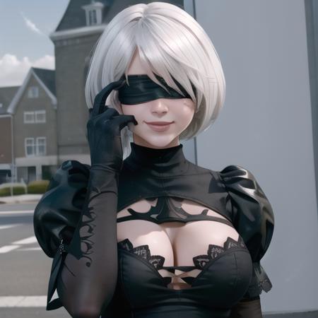 Highly detailed, High Quality, Masterpiece, beautiful, RollSafeMeme, <lora:RollSafeMeme:1>, 1girl, solo, smile, n_2b, blindfold, black blindfold, large breasts, <lora:Char_Nier_2B:1>