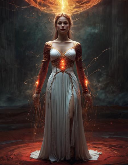 concept art a computer generated image of a red and yellow object with wires and lights in the center of it,a hologram,nuclear art,<lora:Abstract Concept-glowing:0.4>,concept art,glowing,,concept art,glowing,David Firth,, a woman in a white dress holding a sword and a sword in her hand,<lora:CB-Fantasy-000008:1>, Charlie Bowater, a detailed painting, trending on art station, . digital artwork, illustrative, painterly, matte painting, highly detailed