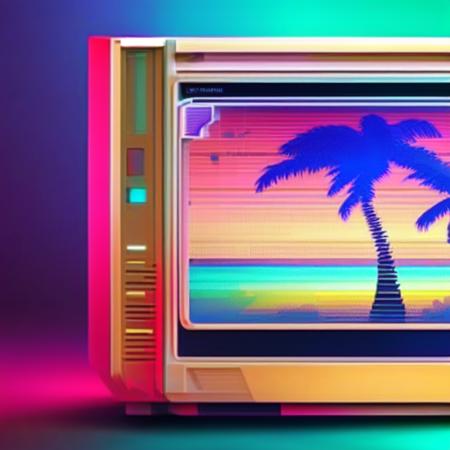 photo (retrowave:1) style an old television screen with a palm tree on the screen <lora:djzRetroWaveV21_LoraBooth:1>