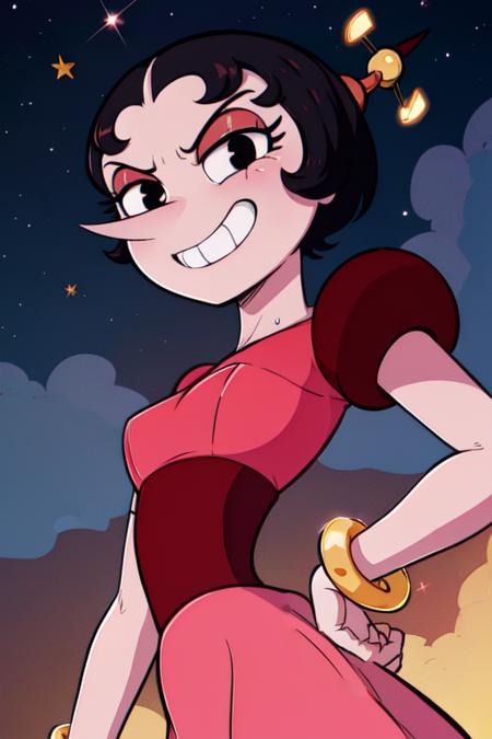 hilda, black hair, short hair,  black eyes,  pink skin, 
red dress, gold  bangle,  head hair ornament, 
standing,  evil grin, cowboy shot,  from below, 
 nighttime, cloud, 
(insanely detailed, beautiful detailed face, masterpiece, best quality)
 <lora:hildaberg-10:0.8>