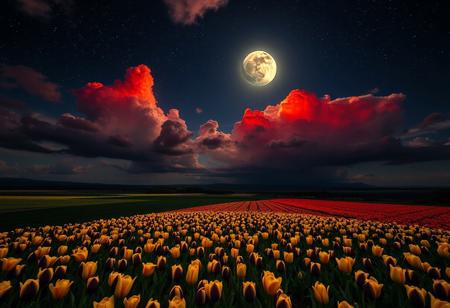 (((Black and gold tulips))), extremely detailed sky, from a high cliff, starry sky, dark night, moon on fire, fields of black and gold tulips, beautiful fields, very bright, vibrant clouds, red clouds, storm coming, 8k wallpaper, romantic, perfect quality, very detailed, beautiful