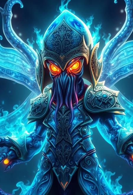A majestic, anime-style squid stands proudly, its entire body encased in a magnificent, magic blue flaming armor set. The armor seems to be forged from the very essence of the ocean itself, its plates and scales shimmering with a deep, iridescent blue light. The squid's eyes burn with an intensity that seems to pierce the very soul, its gaze fixed on some unseen horizon. The armor's surface is etched with intricate, mystical runes that seem to pulse with a power that is both ancient and eternal. Every detail of the squid's anatomy is meticulously rendered, from the delicate, feathery tendrils of its mantle to the razor-sharp, serrated edges of its beak. The armor's helmet-like structure frames the squid's face, its visor glowing with a soft, blue light that seems to amplify the intensity of its gaze. The overall effect is one of breathtaking, awe-inspiring majesty, as if the very fabric of reality is about to be transformed by this aquatic avatar of power. highest-Quality, intricate details, visually stunning, Masterpiece