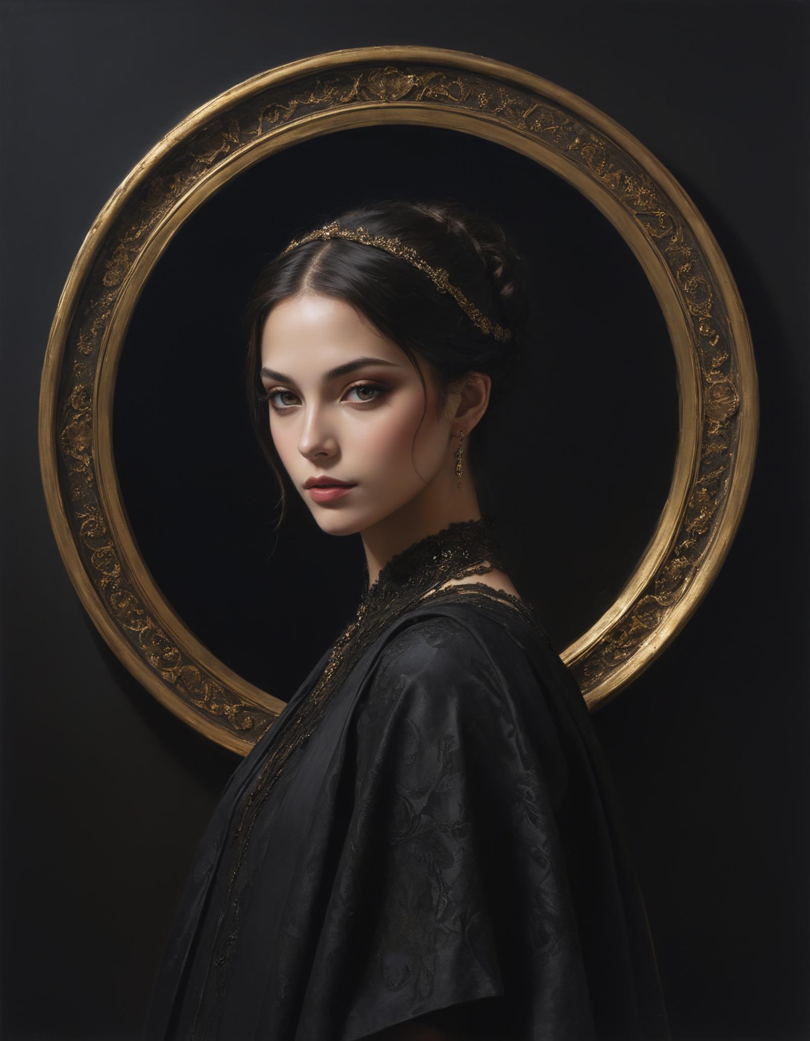 A woman wearing a black dress and a gold headband is seen in a dark and ornate setting, possibly a portrait.