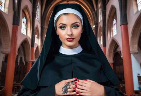 (RAW photo, subject, 8k uhd, dslr, soft lighting, high quality, film grain, Fujifilm XT3, masterpiece, best quality, extremely detailed photograph, volumatic light, ray tracing,, extremely detailed 8k wallpaper),   abstract fashion portrait of (two sexy nuns :2.0) and a priest, (a cute  24yo german woman and a beautiful  23yo african girl, very long (light:2.0) white or brown or black skin, dressed as sexy nuns, dressed in latex, clear blue or green or black eyes, short or long light blond or very  long black  straigt or wavey or curly hair with undercut hairstyle, chin bangs, dread hairstyle, braid hairstyle, very (big:1.8) or very (big:2.0) , perky tits, perfect hourglass figure, delicate face and eyes, (glasses:0.8), (glossy:1.6) (pink or red or dark red or orange or blue or black or green or rainbow lips), painted nails, navel piercing, nose piercing, (tattoos:2.0), sexy pose), in church, colorful spot light, unreal colors, look at viewer, smile, kiss,