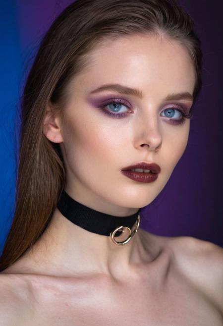 A professional (fashion photo photography:1.2),a  (studio portrait:1.2),showing (surrealistic style:1.1),(black purple gradient background:1.2),(exaggerated character movements:1.5),against glass,(masterpiece, best quality:1.4), perfect body,  long hair, brown hair, brown eyes, parted lips, , detailed skin,model photoshoot, long bob-cut hair, shiny oiled skin, pale skin,  pale white skin, shiny oiled skin, pale skin, realistic eye and face details), hyperrealism, very slim,  bright face, blue eyes, choker, make-up photography by (Ethel Warwick:1.3), modelshoot, pose, , (Ethel Warwick: 1,2) award winning photo macro shot  dramatic lighting,philosophical dimensions,NIKON Z9,35mm,f/1.2,RAW format,stark composition.,(muted tones:1.2),award winning photo,(dream-like quality:1.2),