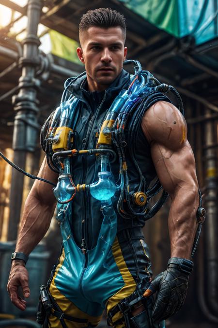 (realistic), (photorealistic), ((masterpiece)), ((best quality)), (detailed), cinematic, natural lighting, soft shadow, detailed background, photography, depth of field, intricate, detailed face, subsurface scattering, realistic eyes, muscular, manly, photo of a handsome (arabian man), chem4rmor, wearing chempunk exosuit, tubes, cables, wires, (multicolor liquid), canister,