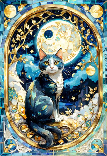 Cat sitting in window looking at beautiful shiny moon. Detailed, Dreamy Background, Intricate, blue and gold colors, Art; Highly Detailed, Dreamy Background, Intricate Motifs, Organic Tracery, Perfect Composition, Digital Painting, Artstation, Concept Art, Smooth, Illustration, Shiny Aura, , Gustav Klimt, rosina wachtmeister, Carne Griffiths.
