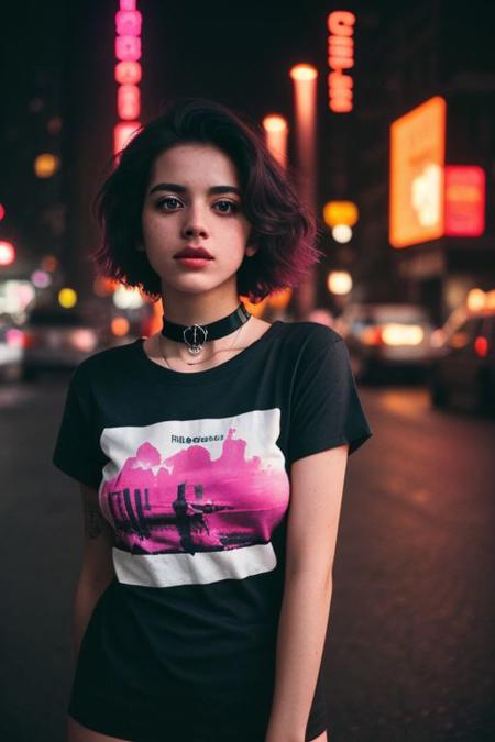 (analog photo:1.1), (excited punk scene girl:1.15),  brown short wavy hair, fuchsia gradient dyed hair, (black t-shirt:1.15), (25 years old:1.2), petite, medium sized breasts, (pubic hair:1.1), choker, blue eyeliner, european, city street, (neon glow, cyberpunk:1.2), , warm colors, (inviting expression:1.05), RAW Photograph, dslr, soft lighting, high quality, film grain, Fujifilm XT3, (nsfw:1.1), insane details, masterpiece, 8k, 35mm photograph, dslr, kodachrome, vignette, vintage, Kodachrome, Lomography, stained, highly detailed, found footage