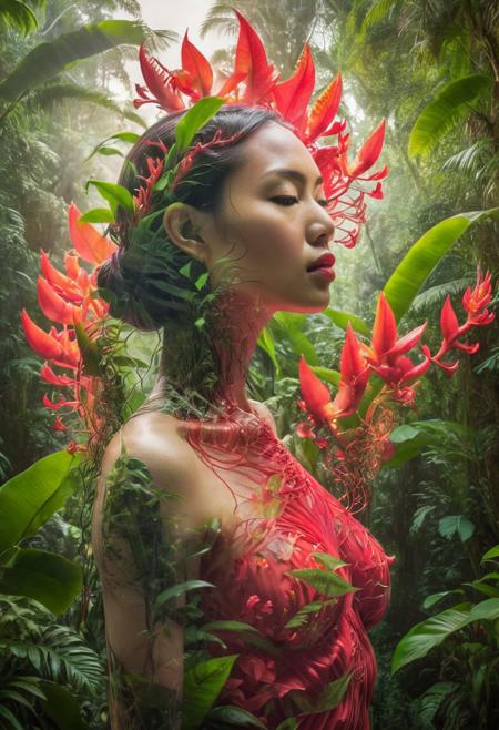 surreal double exposure, translucent Eurasian woman figure among rainforest flora, draped in vines and leafy tendrils, bursts of crimson heliconia blooms, sun-drenched trunks in background, intricate details, peaceful harmonious symbiosis depicted