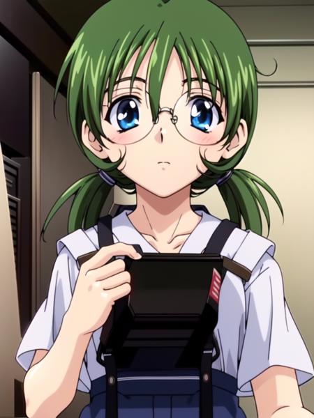 <lora:Sakurako:0.8>Sakurako, glasses, green_hair, blue_eyes, twintails, short_hair, 1girl, soro, 
mechanic, 
masterpiece, high quality, very_high_resolution, large_filesize, full color,
2000s \(style\), anime, anime_screencap, animated gif, mp4 ,video, animated,