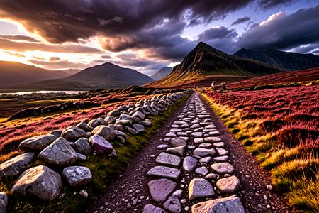 <lora:pytorch_lora_weights_361535:1>,A private street photography of a rolling highland at the edge of (sunset light:1.2), stones glowing softly in (violet light:1.1), storm clouds shifting overhead as the last rays cut golden paths through the peaks,, Masterpiece,best quality,realistic,HDR, 8K, masterpiece, best_quality, absurdres, ultra-detailed, highly_aesthetic, depth_of_field
