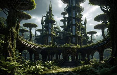 Gothic style solarpunk, breathtaking masterwork 32k digital HD photo, ecological integrated curvy Organically grown Arcology, grown rather than constructed, bio-tech, fantasy druid influence, temperate rainforest . Dark, mysterious, haunting, dramatic, ornate, detailed