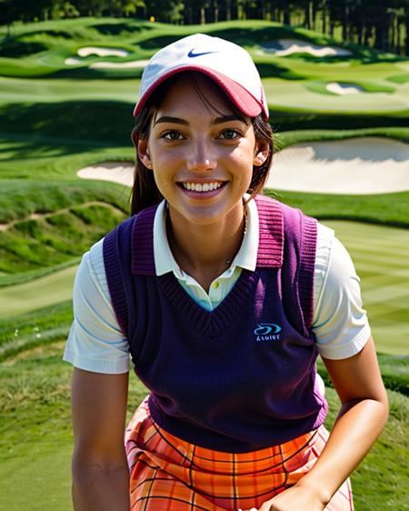 ChzAllisonS, (meticulously detailed:1.3), RAW photo, 1girl at a golf course, dressed as an old-time golf caddy, Argyle Technicolor dream, sweater vest, knee-length skirt, visored cap, bright garish colors, close-up, focus face, and handing over the correct iron, outside, sunshine, fairway of the par 4 13th, depth of field, subsurface scatter, perfect eyes, (masterpiece, best quality:1.5),