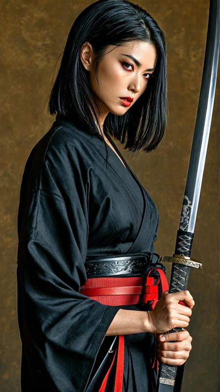 A fierce woman warrior holding a katana, long flowing black hair, intense gaze, dramatic shadows, sleek black robe with red belt, hyperrealistic textures, sharp facial features, cinematic lighting, samurai-inspired style, dynamic pose, high detail, 
 <lora:MJ52_v2.0:0.8>