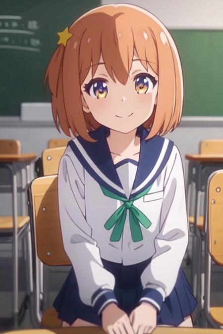 asteroid in love anime lineart, mira konohata, short orange hair, star shaped hairpin on the right, bangs hanging over forehead, purple-ish dark blue/yellow eyes, school uniform, long sleeves, thin green lace, long blue pleated skirt, siting on chair, classroom, looking at viewer, happy face, closed mouth