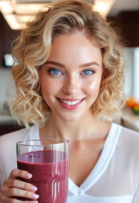 Sitting on kitchen counter top, kitchen countertop, marble kitchen top, drinking smoothie, red smoothie, beet smoothie, strawberry smoothie, healthy smoothie, smoothie in glass, perfect fruits, perfect glass, perfect fingers, Drinking smoothie, wide-angle view, ((full-figure visible:2.0)), entire body in frame, kitchen overview, ((spacious composition:1.5)), head to toe in shot, full body, lips touching glass, glass in front of mouth, (open mouth:1.2), DRINKING, (SMOOTHIE:2.0),  gym clothing, sports clothes, white top, white sporttop, athletic clothing, happy, smiling, laughing, beautiful girl, short light blonde wavy hair, above shoulder length blond curly hair, bob cut, blue eyes, blue eyes:1.1, perfect eyes, extremely detailed eyes, extremely detailed face, textured skin, photorealistic, hyperdetailed:1.2, insane details, natural look, cute face, stunningly beautiful, pale skin, freckles, blush, detailed skin, extremely detailed, 1girl, perfect eyes, perfect nails, upper legs, legs, happy, open mouth, perfect teeth, in the kitchen, marble kitchen block, modern kitchen, 4K, RAW, best quality, masterpiece, ultra-detailed, hyperrealism:1.2, RAW photo, best quality, realistic, photo-realistic:1.3, best quality, masterpiece, extremely delicate and beautiful, extremely detailed natural lighting, bokeh:1.2, Porta 160 color, shot on ARRI ALEXA 65, Fujifilm XT-3, WARMER LIGHTING, sunny kitchen, warm sunlight, sun rays, inviting atmosphere