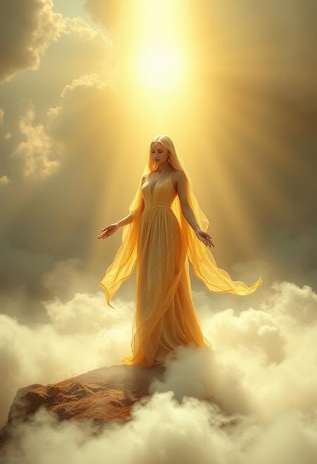 an image so perfect you may wonder if you are dreaming or awake, here she is standing in beatitude covered with an ethereal dress of silk and gold threads, she stands over a heavenly landscape covered in clouds and mist, earth or grass or vapors you do not know for sure what it is. The clouds provide a protective cradle around her delicate figure, basking in the glorious divine golden light descending from the Sun or a deity above the clouds, like a spotlight would on a celebrity, This light is strong and warm but also soft and pleasant like the sun is on a colder day. One glance at her and we all fall in love, taken into romantic reverie yearning for a glance, a word or touch.
