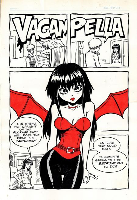noodle girl from gorillaz comic strip in panels, aged pages, crude drawing, text: "vampirella"