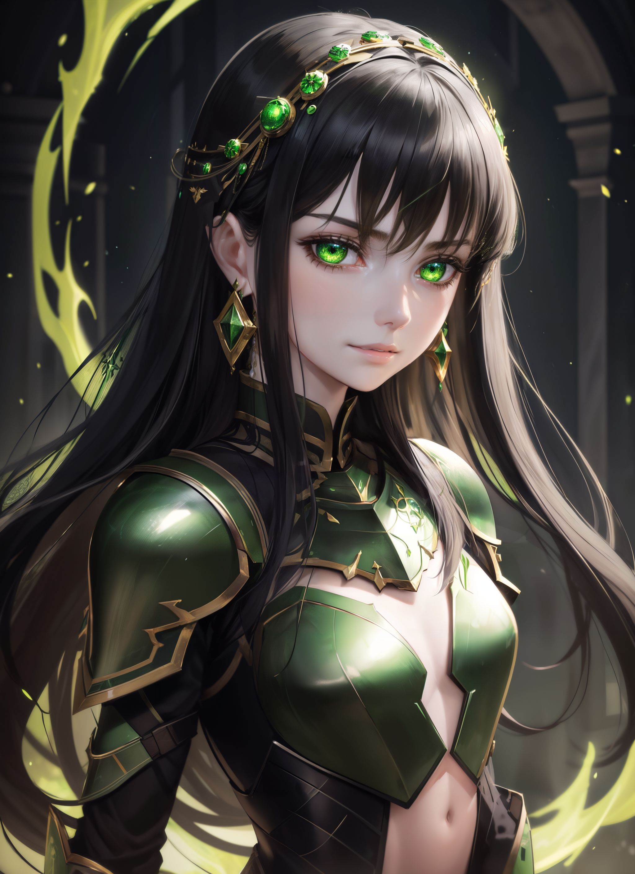 ((masterpiece)), 1girl, pale skin, black hair, bangs between eyes, green earrings, green eyes, glowing eyes, black armor, ...