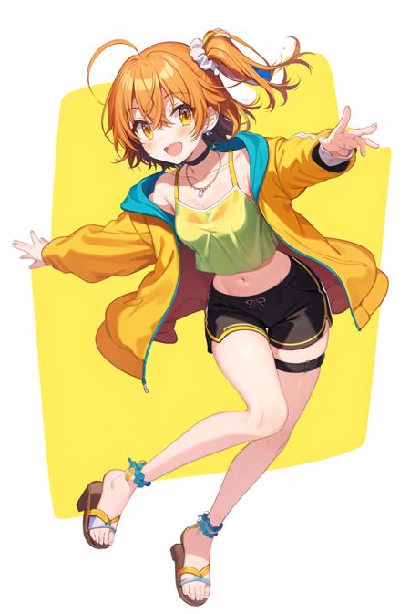 <lora:shigure:1>1girl, solo, open mouth, shorts, smile, orange hair, jacket, scrunchie, v, sandals, hair scrunchie, white background, hair ornament, ahoge, looking at viewer, full body, black shorts, breasts, thigh strap, orange eyes, white jacket, double v, :d, jewelry, one side up, see-through, necklace, white footwear, simple background, outstretched arms, short shorts, white scrunchie, medium breasts, collarbone, hair between eyes, high-waist shorts, teeth, short hair, yellow shirt, blush, open jacket, bangs, upper teeth, open clothes, sports bra, crop top, bare legs, long sleeves, midriff, side ponytail, yellow tank top, choker, orange scrunchie