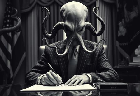 president cthulu in a sharp pin striped suit posing for presidential portrait in the oval office, real photograph, signing bill, ominous darkness