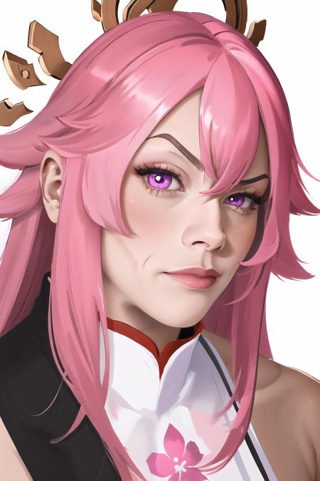 Highly detailed, High Quality, Masterpiece, beautiful, RocksEyebrowRaise, <lora:RocksEyebrowRaise:1>, 1girl, solo, portrait, raised eyebrow, thick eyebrows, yae miko, pink eyes, long hair, pink hair, animal ears, <lora:Char_GenshinImpact_YaeMiko:0.75>