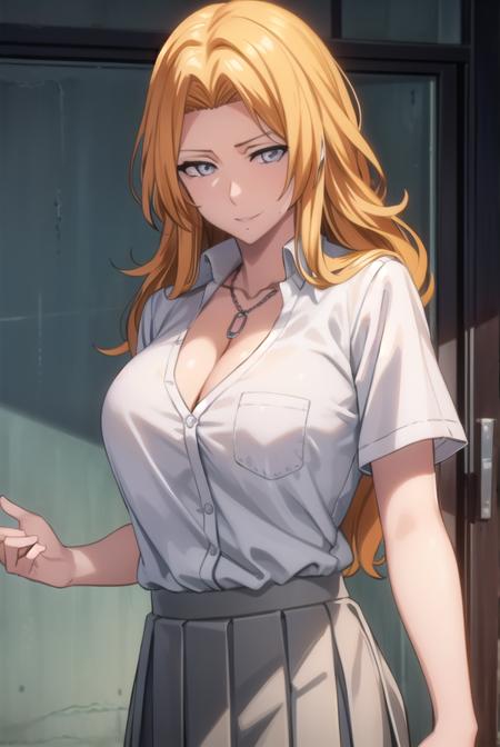 rangikumatsumoto, <lora:rangikumatsumoto-lora-nochekaiser:1>,
rangiku matsumoto, long hair, (grey eyes:1.5), orange hair, mole, mole under mouth, parted bangs, <lora:sensualface_type2:1>, smile,
BREAK skirt, shirt, cleavage, jewelry, school uniform, pleated skirt, necklace, chain, collar, short sleeves, grey skirt, white shirt,
BREAK indoors, classroom,
BREAK looking at viewer, (cowboy shot:1.5),
BREAK <lyco:GoodHands-beta2:1>, (masterpiece:1.2), best quality, high resolution, unity 8k wallpaper, (illustration:0.8), (beautiful detailed eyes:1.6), extremely detailed face, perfect lighting, extremely detailed CG, (perfect hands, perfect anatomy),