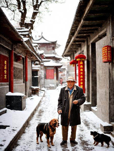 RAW photo, an old man waking a dog in hutong, in Beijing, in the morning, snowing <lora:CC_v2.0:0.8>, (high detailed skin:1.2), 8k uhd, dslr, soft lighting, high quality, film grain, Fujifilm XT3